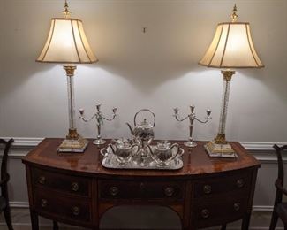 Pair of 3-light sterling candlesticks, vintage silverplated tea set (Meridien Silver Co., a presentation service, dated 1883) and a magnificent pair of Irish cut crystal table lamps with shades and fabby finials - 42" tall. 