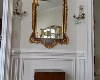 Gorgeous mahogany/gilt wood wall mirror, w/ostrich plume topper, Baker inlaid mahogany box on stand and pair of vintage 2-light French bras/crystal wall sconces. .