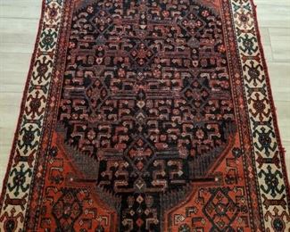 Vintage, hand-woven Persian Hamadan rug, 100% wool face, measures 4' 4" x 6' 4".