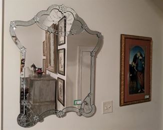 Venetian wall mirror, from Horchow and nicely framed/matted archangel religious artwork.