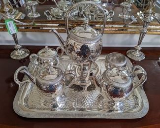 Close up of the Meridien Silver Co.  presentation tea service, dated 1883.