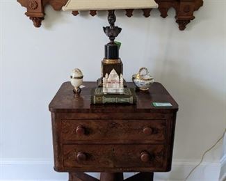 Fun tabletop with vintage French Napoleon table lamp, opalescent egg on stand, hand-painted porcelain basket, marble miniature Taj Mahal atop an antique book.