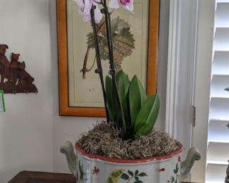 One of a pair of Asian porcelain cachepots, with fresh orchid plants.