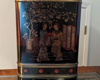 Close-up of the Frederick Cooper Asian tea tin table lamp.