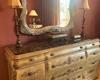 Large matching dresser with mirror; pair of candlestick lamps