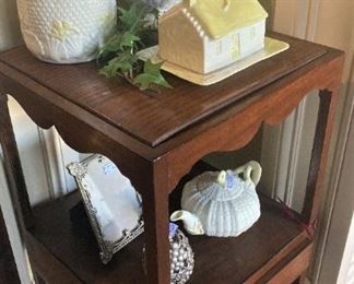 One of two small side tables; Belleek selections