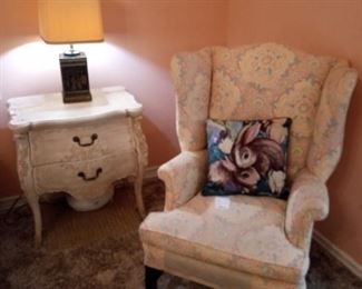 Wing back chair $95. Painted 2 drawer commode $95. Lamp $25.