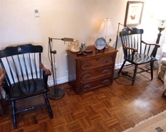 Pair Windsor type chairs $80. Antique walnut 3 drawer chest $125. Floor lamps for reading $50 each.
