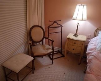 Bench $25. Chair $25. Valet $10. Lamp $25. Petite Commode $50