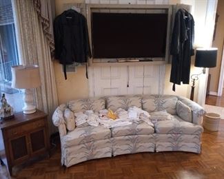 Lamp table pair( there's another) $50 pair. Lamp $15. Sofa $75. Samsung curved tv $250. Leather jacket $25. Leather coat $40. Floor lamp $50.