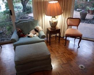 Blue chair w/ ottoman $50. Chinoise lamp $50. Petit chest on stand $25. Side chair $20.