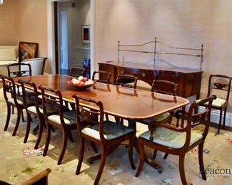 Banded mahogany double pedestal dining table and 14 chairs