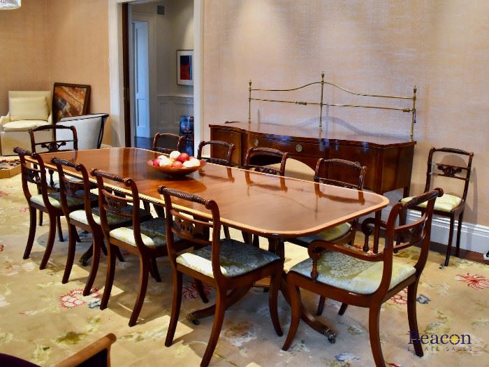 Banded mahogany double pedestal dining table and 14 chairs