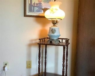 Hurricane Lamp with Lamp Table and Wall Picture
