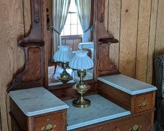Antique Dresser: Carved Drop Center w/ Marble Top