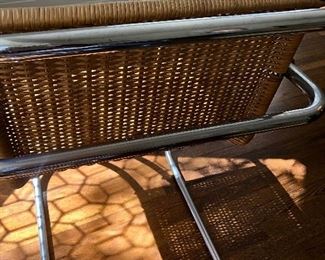 Pair of Mies van der Rohe cantilever cane + chrome armchairs.   32H x 22W x 31D (seat 17H, arm 25H).  Very good condition.  A few areas where cane is loose (see photos).   $1000 each   