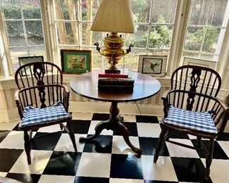 Pair of antique yr wood Windsor chairs 
Samovor lamp
Antique table with birdcage base 