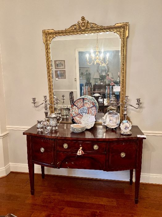 Antique Mahogany Server
Giltwood Louis XVI mirror
Imari charger
Pair Silver-plate candelabra