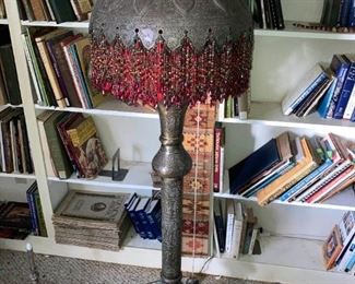 Brass India Metal Tooled Floor Lamp With Beads