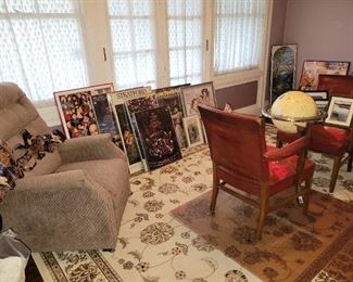 Recliner, Pair of Chairs, Decorative World Globe and more Framed Artwork