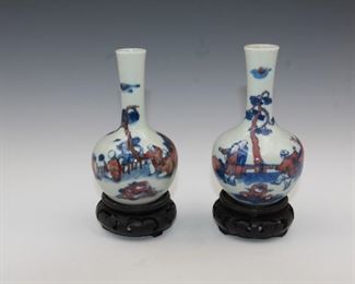 Lovely Pair Of Chinese Vases With Wooden Stands-6 Character Markings In Blue
