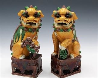Early 20th C Pair Of Chinese Yellow Glazed Porcelain Foo Dogs