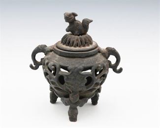 Cast Iron Antique Tri leg Incense Burner- Shippable With Foo Dog On Top