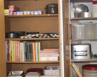 Cook books, bake ware, plastic storage, large cookware roasting pans.