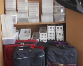 Plastic storage bins, baskets and luggage.