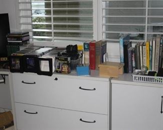 Office, TV, DVDs, CDs, books, electronics.