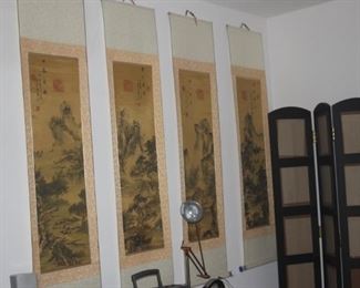 Hanging silk panels.