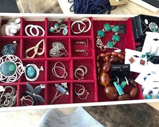 Sterling pendants, earrings, bracelets, amber graduated bead necklace