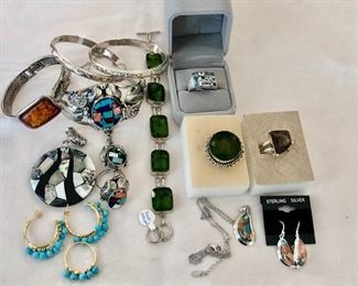Sterling bracelets, rings, pendant. Turquoise, tourmaline, amber, turquoise/coral slave bracelet, smoky quartz geometric ring and more