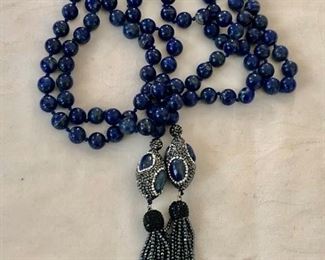 Fabulous long lapis rope necklace with crystal accents