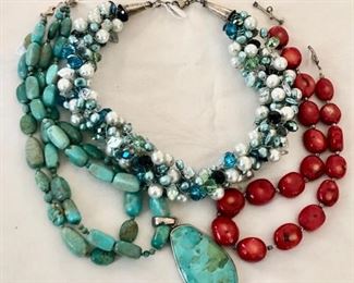 Turquoise, coral, pearl & blue topaz necklaces