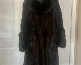 ABSOLUTELY GORGEOUS dark ranch full length mink coat with black fox collar and cuffs. Matching stole also zips onto the bottom to extend the length. (Stole is not pictured)