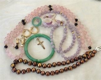 14k pink, green, lavender jade. 14k earrings. 14k bronze fresh water pearls, 14k crucifix