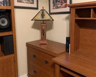 Sauder Mission Style Office Suite: Desk w Hutch, 2 Drawer Lateral File, Library Desk, Mission Style Lamp