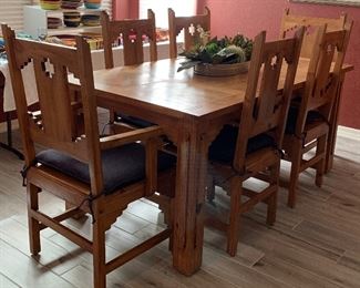 Pine Dining Table w 8 Chairs, Hutch, Metal Wine Rack