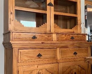 Pine Dining Table w 8 Chairs, Hutch, Metal Wine Rack