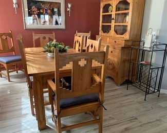 Pine Dining Table w 8 Chairs, Hutch, Metal Wine Rack