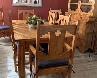 Pine Dining Table w 8 Chairs, Hutch, Metal Wine Rack