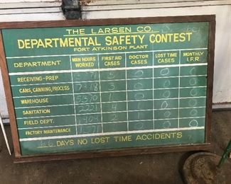 Closer view of the framed Larson Co of Fort Atkinson's Department Safety Contest board. Used sometime between 1945 - 1995.
