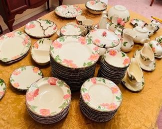 $270 
Franciscan Dinnerware  • Made in England  • Microwave safe  • 104 pieces
1 soup tureen
2 gravy bowls
2 oval dishes
1 cake plate
1 divided dish
1 teapot
1 creamer
1sugar
2 butterdish with lid
1 heart mint dish
1 salt and pepper set
1 bud vase
1 pitcher
15 salad/ dessert plates
15 pudding bowls
10soup bowls
21 dinner plates
19 saucers
5cups
2 mugs
4 extra