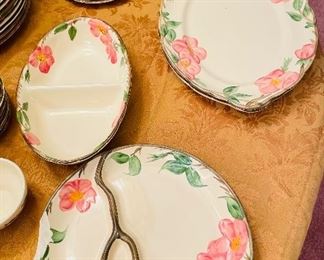 $270 
Franciscan Dinnerware  • Made in England  • Microwave safe  • 104 pieces
1 soup tureen
2 gravy bowls
2 oval dishes
1 cake plate
1 divided dish
1 teapot
1 creamer
1sugar
2 butterdish with lid
1 heart mint dish
1 salt and pepper set
1 bud vase
1 pitcher
15 salad/ dessert plates
15 pudding bowls
10soup bowls
21 dinner plates
19 saucers
5cups
2 mugs
4 extra