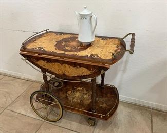 Burlwood Marquetry Inlay Tea Cart Made in Italy