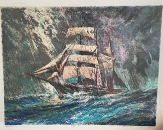 Seascape w/Boat by Caldwell signed lithograph (197/300)