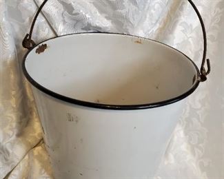 Vintage Enamelware Bucket with Wooden Handle