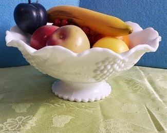 Vintage Milk Glass Fruit Bowl with Artificial Fruit 