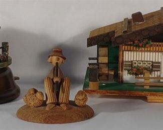 Two Swiss Wooden Music Boxes & Art Figurine